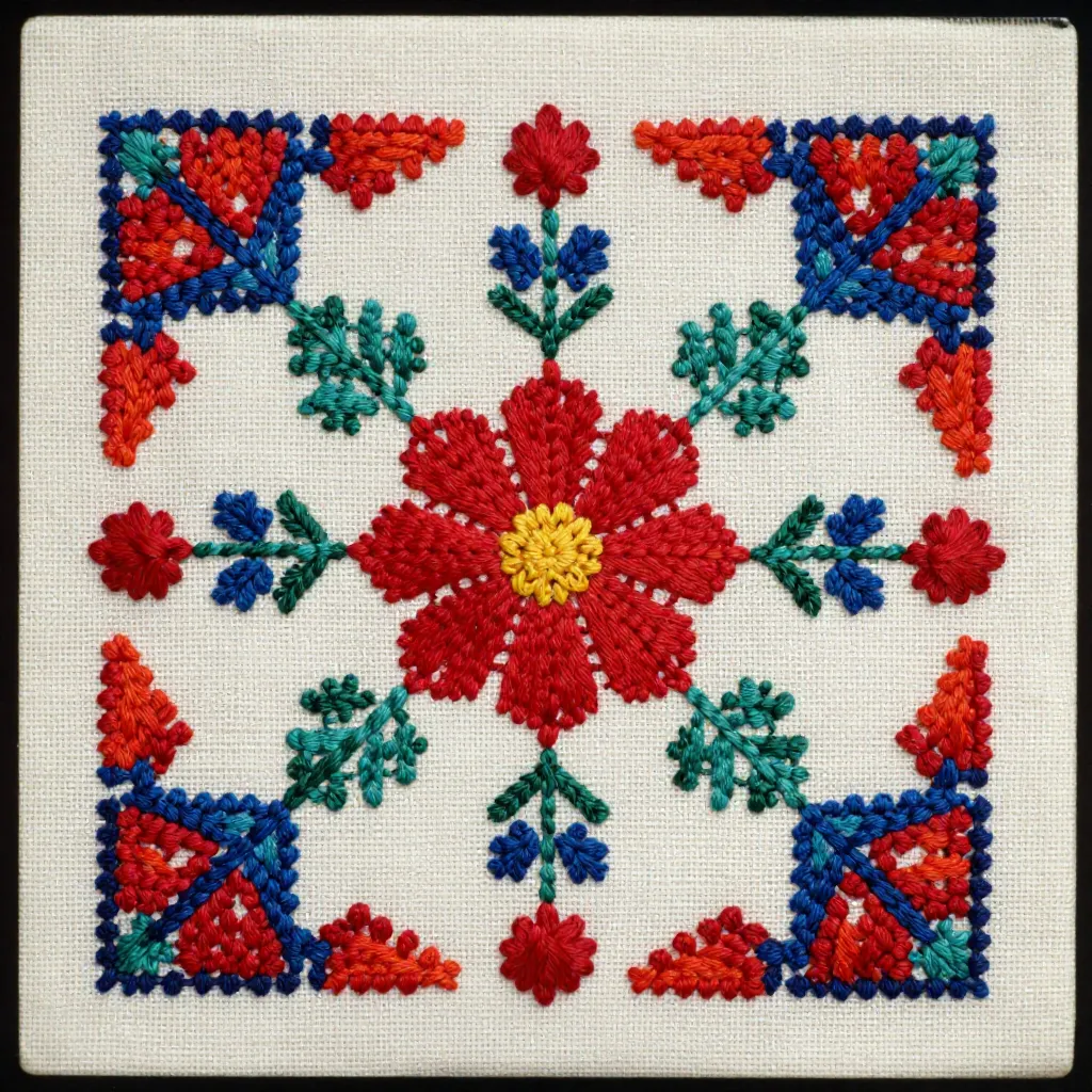 Traditional folk embroidery sampler with multiple stitch techniques